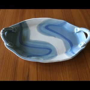 Pottery serving tray with handles, blue